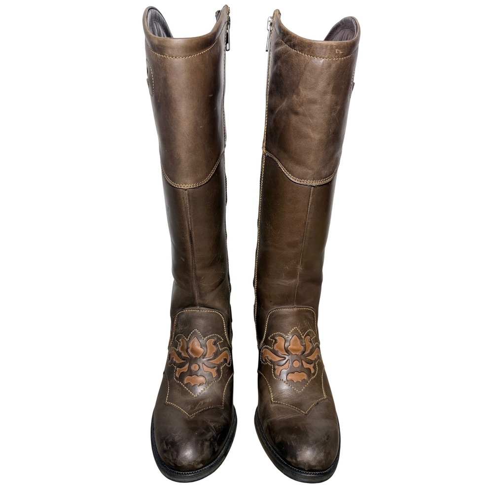 Born Brown Leather Tall Riding Boots Floral Cutout Western D13406‎ Womens 7/38 - Picture 2 of 12